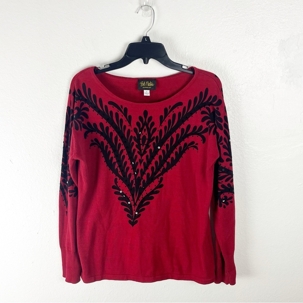 BOB MACKIE Red Black Embroidered Sequins Long Sleeves Wearable Art Blouse Small